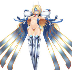 Rule 34 | 1girl, arc system works, bad id, bad pixiv id, blazblue, blonde hair, blue eyes, breasts, crotch plate, headdress, highres, long hair, mecha musume, mu-12, navel, necktie, revealing clothes, small breasts, solo, tsukikanade, underboob, wings