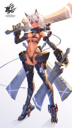 Rule 34 | 1girl, armor, bare shoulders, bikini, black bikini, black thighhighs, boots, breasts, cleavage, closed mouth, commentary, dark-skinned female, dark skin, full body, groin, hair between eyes, highres, large breasts, looking at viewer, mecha musume, micro bikini, navel, original, red eyes, shadow, sidelocks, simple background, skindentation, solo, standing, stomach, swimsuit, takamine nadare, tan, thigh boots, thighhighs, thighs, weapon, white background, white hair