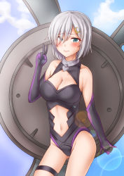 Rule 34 | 1girl, anti (untea9), black leotard, blue eyes, blush, breasts, cleavage, clothing cutout, commission, cosplay, cowboy shot, day, elbow gloves, eyes visible through hair, fate/grand order, fate (series), gloves, grey hair, hair ornament, hair over one eye, hairclip, hamakaze (kancolle), highres, kantai collection, large breasts, leotard, lips, looking at viewer, lord camelot (fate), mash kyrielight, mash kyrielight (cosplay), navel cutout, outdoors, pixiv commission, shield, short hair, sunlight, sweatdrop, v, white hair