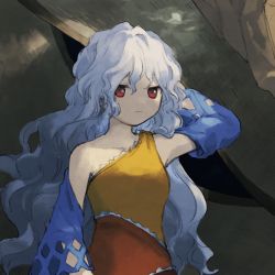 Rule 34 | 1girl, bare shoulders, blue sleeves, closed mouth, collarbone, commentary request, detached sleeves, dress, kaigen 1025, long hair, multicolored clothes, multicolored dress, orange dress, red dress, red eyes, sakata nemuno, single-shoulder dress, solo, touhou, upper body, wavy hair, white hair, yellow dress