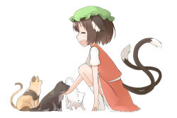 Rule 34 | 1girl, animal ears, cat, cat ears, cat tail, chen, closed eyes, female focus, happy, hat, licking, multiple tails, nakashino setsu, open mouth, shore, smile, socks, solo, squatting, tail, touhou, white background, white socks