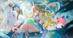 Rule 34 | &gt; &lt;, 1girl, :d, absurdres, akihara nozomi, armlet, bare shoulders, bird, blonde hair, blue eyes, closed mouth, commentary request, creature, cygnus (maplestory), dress, feet out of frame, gladiator sandals, hagoromo, highres, long hair, looking at viewer, maplestory, open mouth, penguin, pig, sandals, shawl, sitting, sleeveless, sleeveless dress, smile, solo, tearing up, very long hair, wavy hair, wavy mouth, white dress
