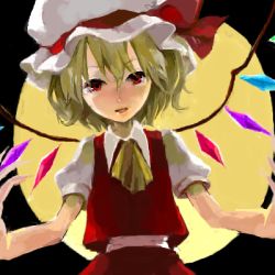 Rule 34 | 1girl, blonde hair, blouse, collared shirt, female focus, flandre scarlet, hair between eyes, hat, lowres, mob cap, outdoors, ribbon, shirt, sky, solo, standing, touhou, white hat, white shirt, wings