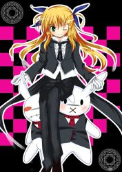 Rule 34 | 00s, 1girl, checkered background, formal, lyrical nanoha, mahou shoujo lyrical nanoha, mahou shoujo lyrical nanoha strikers, one eye closed, pant suit, pants, solo, stuffed animal, stuffed rabbit, stuffed toy, suit, vivio, wink