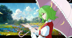 Rule 34 | 1girl, ascot, blue sky, cloud, collared shirt, field, flower, flower field, from side, grass, green hair, highres, kazami yuuka, letterboxed, long sleeves, looking at viewer, medium hair, messy hair, outdoors, outside border, parasol, petals, plaid, plaid vest, shirt, sky, smile, solo focus, tasuku (tusktouhou4), touhou, umbrella, upper body, vest, white shirt, yellow ascot