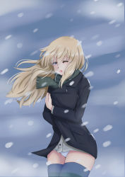 Rule 34 | 1girl, absurdres, black jacket, blonde hair, blue eyes, blush, brave witches, cold, floating scarf, green scarf, grey shirt, highres, isosceles triangle (xyzxyzxyz), jacket, light blush, long hair, nora taylor, one eye closed, panties, scarf, shirt, sidelocks, snow, snowstorm, solo, steam, striped clothes, striped thighhighs, thighhighs, thighs, underwear, white panties, world witches series