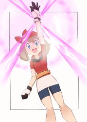 Rule 34 | 1girl, aqua eyes, arm up, bad id, bad pixiv id, bandana, bike shorts, brown hair, clenched hand, creatures (company), dutch angle, game freak, gloves, may (pokemon), multicolored clothes, multicolored gloves, nintendo, nyonn24, open mouth, pokemon, pokemon rse, skirt, smile, solo, white skirt