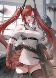 Rule 34 | 1girl, 1other, absurdres, arknights, bare shoulders, black thighhighs, blue eyes, breasts, cowboy shot, doctor (arknights), dress, highres, horns, indoors, large breasts, long hair, looking at viewer, off-shoulder dress, off shoulder, open mouth, red hair, short sleeves, standing, thighhighs, thighs, toddifons (arknights), twintails, very long hair, welt (kinsei koutenkyoku), white dress, window