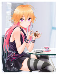 Rule 34 | 1girl, :q, black skirt, blonde hair, blurry, blurry background, border, bracelet, closed mouth, collar, eva 16-gouki, fork, from side, hair between eyes, highres, holding, holding fork, idolmaster, idolmaster cinderella girls, jewelry, long hair, miniskirt, multicolored hair, nail polish, ninomiya asuka, pink hair, pink nails, pleated skirt, purple shirt, red eyes, ring, shirt, sitting, skirt, sleeveless, sleeveless shirt, smile, solo, striped clothes, striped thighhighs, table, thighhighs, tongue, tongue out, two-tone hair, white border, zettai ryouiki