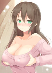 Rule 34 | 1girl, aibumi, bare shoulders, blush, breast hold, breasts, brown hair, cleavage, collarbone, female focus, green eyes, highres, large breasts, long hair, long sleeves, looking at viewer, nose blush, off shoulder, original, pen-zin, simple background, solo, sweater, upper body, wavy mouth