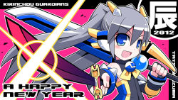 Rule 34 | 10s, 1girl, 2012, bare shoulders, blue eyes, dual wielding, eyebrows, fingerless gloves, gloves, grey hair, hair ornament, happy new year, highres, holding, holding weapon, long hair, looking at viewer, new year, original, outstretched arm, ponytail, solo, sword, twintails, weapon, yuuno