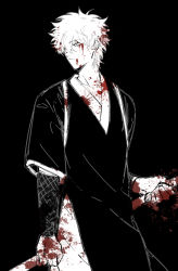 Rule 34 | 1boy, 76piccolo, blood, blood on clothes, blood on face, blood splatter, gintama, greyscale, highres, holding, holding weapon, japanese clothes, looking to the side, male focus, monochrome, partially colored, sakata gintoki, sketch, solo, weapon