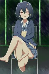Rule 34 | 1girl, bare legs, barefoot, bars, black hair, blue bow, blue bowtie, blue jacket, blue skirt, blush, bow, bowtie, chair, commentary request, crossed arms, crossed legs, feet, flower, folding chair, frown, hair between eyes, hair flower, hair ornament, highres, indoors, jacket, looking at viewer, loose bowtie, mizuno ai, panties, pantyshot, parted lips, plaid, plaid bow, plaid bowtie, plaid skirt, raichi (ddq0246), red eyes, school uniform, shirt, short hair, sitting, skirt, soles, solo, toes, underwear, vest, white panties, white shirt, yellow vest, zombie land saga