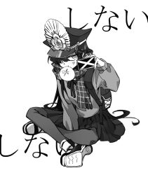 Rule 34 | 1girl, alternate costume, anger vein, bag, baozi, cellphone, crossed legs, family crest, fate/grand order, fate (series), food, greyscale, hair over one eye, hat, holding, holding phone, long hair, long sleeves, looking back, military hat, monochrome, oda nobunaga (fate), oda uri, peaked cap, phone, scarf, sempon (doppio note), shoes, simple background, sitting, skirt, smartphone, solo, white background