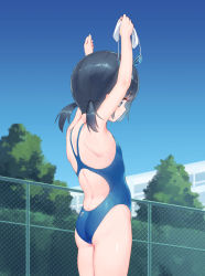 Rule 34 | 1girl, arms up, ass, back, back cutout, black hair, blue eyes, blue sky, blue one-piece swimsuit, blush, building, chain-link fence, child, clothing cutout, competition swimsuit, cowboy shot, day, facing away, fence, flat chest, from behind, goggles, highleg, highleg swimsuit, highres, holding, holding goggles, makigai, one-piece swimsuit, original, outdoors, profile, shoulder blades, sky, solo, standing, swim cap, unworn swim cap, swimsuit, tree, twintails