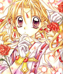 Rule 34 | 1990s (style), 1girl, blonde hair, cross, drill hair, earrings, face, flower, gloves, jewelry, kaitou jeanne, kamikaze kaitou jeanne, kusakabe maron, official art, purple eyes, red flower, red rose, retro artstyle, rose, solo, tanemura arina, traditional media
