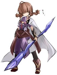 Rule 34 | 1girl, armor, braid, brown hair, cape, chain chronicle, character request, closed mouth, hair over eyes, karukan (monjya), long hair, looking at viewer, simple background, solo, twin braids, weapon, white background