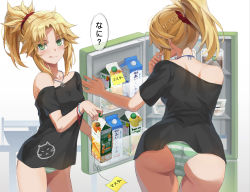 Rule 34 | 1girl, ass, black shirt, blonde hair, braid, breasts, carton, collarbone, fate/apocrypha, fate (series), french braid, from behind, green eyes, green panties, hair ornament, hair scrunchie, highres, jewelry, licking lips, long hair, looking at viewer, mordred (fate), mordred (fate/apocrypha), multiple views, necklace, no pants, panties, ponytail, refrigerator, revision, scrunchie, shirt, sidelocks, single bare shoulder, small breasts, striped clothes, striped panties, t-shirt, tonee, tongue, tongue out, translated, underwear, white panties