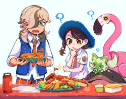 Rule 34 | 1boy, 1girl, ?, arven (pokemon), blue vest, braid, breast pocket, brown eyes, brown hair, clodsire, collared shirt, commentary request, creatures (company), flag, flamigo, food, game freak, highres, holding, holding plate, juliana (pokemon), logo, looking down, necktie, nintendo, open clothes, open mouth, open vest, orange necktie, plate, pocket, pokemon, pokemon (creature), pokemon sv, sandwich, shirt, skewer, sparkle, sprigatito, sweatdrop, tomato, vest, white shirt, yonaga story