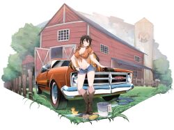 Rule 34 | 1girl, absurdres, barn, black hair, boots, breasts, brown eyes, brown hair, bucket, car, cleavage, clothing request, cowboy boots, denim, denim shorts, gie (gienara), highres, holden, holden monaro, large breasts, long hair, looking at viewer, midriff, monero-chan, motor vehicle, multicolored hair, navel, on vehicle, open mouth, original, outdoors, second-party source, shorts, silo, smile, solo, standing, tachi-e, transparent background, vehicle focus, washing vehicle