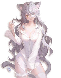 Rule 34 | 1girl, animal ear fluff, animal ears, bra, breasts, bridal garter, cat ears, cat girl, cat tail, cleavage, collarbone, commentary, contrapposto, covering privates, covering crotch, cowboy shot, eyepatch, grey hair, hand up, highres, lace, lace-trimmed bra, lace trim, long hair, long sleeves, medical eyepatch, medium breasts, messy hair, off shoulder, original, oto1 030, parted lips, partially unbuttoned, shirt, shirt tug, simple background, single thighhigh, solo, standing, symbol-only commentary, tail, thighhighs, underwear, white background, white bra, white shirt, white thighhighs, yellow eyes