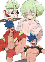 Rule 34 | 2boys, :d, ^ ^, abs, apron, aus vaka, black shirt, blue eyes, blue hair, bottle, closed eyes, clothes lift, cum, cum on chest, cum on hands, earrings, facial, food, galo thymos, green hair, half-closed eye, highres, holding, holding bottle, jacket, jewelry, ketchup, ketchup bottle, lio fotia, maid, maid apron, maid headdress, male focus, male underwear, mohawk, multiple boys, omelet, omurice, open clothes, open jacket, open mouth, pasties, promare, red male underwear, shirt, shirt lift, smile, star pasties, underwear, white background, yaoi