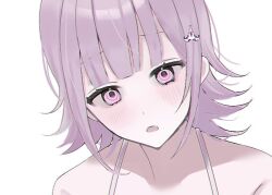 Rule 34 | 1girl, bare shoulders, bikini, blush, collarbone, d:, danganronpa (series), danganronpa 2: goodbye despair, flipped hair, galaga, medium hair, nanami chiaki, open mouth, pink eyes, portrait, shima (fm 90mhz), solo, swimsuit