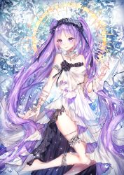 Rule 34 | 1girl, absurdly long hair, absurdres, armlet, asymmetrical clothes, barefoot, bracelet, closed mouth, dress, euryale (fate), fate/hollow ataraxia, fate (series), floating hair, frilled dress, frills, hairband, highres, huge filesize, jewelry, kity1211 tetsu, layered dress, leg up, lolita hairband, long hair, purple eyes, purple hair, sleeveless, sleeveless dress, smile, solo, striped clothes, striped dress, thighlet, very long hair, white dress