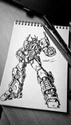 Rule 34 | 1boy, art tools in frame, clenched hand, greyscale, hand on own hip, highres, ink (medium), leaning back, mecha, mechanical pencil, monochrome, no humans, notebook, optimus prime, pen, pencil, photo (medium), robot, science fiction, solo, subjekt zero, traditional media, transformers
