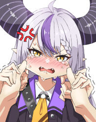 Rule 34 | 1girl, 1other, ahoge, anger vein, ascot, black jacket, blush, braid, commentary, demon horns, fangs, grey hair, hair between eyes, highres, hololive, horns, jacket, la+ darknesss, la+ darknesss (1st costume), long hair, long sleeves, looking at viewer, multicolored hair, open mouth, pointy ears, pov, pov hands, purple hair, shirt, shoui, simple background, solo focus, straight-on, streaked hair, striped horns, tearing up, tears, trembling, upper body, v-shaped eyebrows, virtual youtuber, white background, white shirt, yellow ascot, yellow eyes