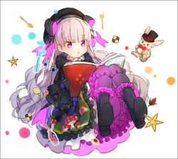 Rule 34 | 10s, 1girl, :o, alice in wonderland, beret, black capelet, black dress, black footwear, black gloves, black hat, blush, book, boots, bow, capelet, checkerboard cookie, cookie, doll joints, dress, elbow gloves, fate/extra, fate (series), food, food print, frilled dress, frilled sleeves, frills, full body, fur-trimmed capelet, fur trim, gloves, hakusai (tiahszld), hat, hat bow, holding, holding book, joints, knees together feet apart, long hair, mushroom print, nursery rhyme (fate), open book, parted lips, print dress, purple eyes, silver hair, solo, striped, striped bow, very long hair