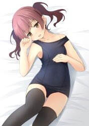 Rule 34 | 1girl, :d, bare arms, bare shoulders, bed sheet, black thighhighs, blue one-piece swimsuit, blush, brown eyes, brown hair, collarbone, commentary request, feet out of frame, hand up, head tilt, highres, lying, old school swimsuit, on back, one-piece swimsuit, open mouth, original, school swimsuit, shibacha, smile, solo, strap slip, swimsuit, thighhighs, twintails