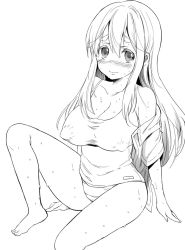 Rule 34 | 1girl, blush, breasts, covered erect nipples, female focus, greyscale, k-on!, kotobuki tsumugi, large breasts, long hair, monochrome, no pants, one-piece swimsuit, open clothes, open shirt, school swimsuit, shirt, shouno kotarou, simple background, solo, swimsuit, swimsuit under clothes, white background