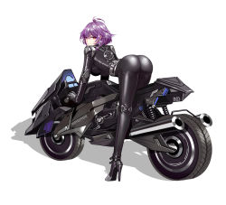 Rule 34 | 1girl, ahoge, ass, bent over, biker clothes, bikesuit, black bodysuit, bodysuit, boots, braid, breasts, d. (ddot2018), from behind, from side, full body, gloves, high heel boots, high heels, highres, iron saga, leaning, leaning forward, looking at viewer, looking to the side, motor vehicle, motorcycle, nagase aya (iron saga), official art, original, purple hair, red eyes, shadow, shiny clothes, short hair, side braid, sideboob, skin tight, smile, solo, swept bangs, white background