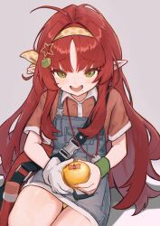Rule 34 | 1girl, absurdres, alternate costume, apple, apple hair ornament, arknights, bag, blue overalls, chack520, chinese commentary, collared shirt, commentary request, denim, denim overalls, food, food-themed hair ornament, fruit, gloves, golden apple, green eyes, grey background, hair ornament, hairband, highres, holding, holding food, holding fruit, long hair, looking at viewer, mole, mole under eye, mole under mouth, myrtle (arknights), open mouth, overall skirt, overalls, panties, pantyshot, pointy ears, polka dot hairband, red bag, red hair, red shirt, shirt, short sleeves, shoulder bag, simple background, single glove, sitting, solo, star (symbol), star hair ornament, teeth, underwear, upper teeth only, very long hair, white gloves, yellow hairband