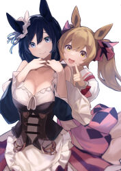 Rule 34 | 2girls, absurdres, aishii, animal ears, bare shoulders, black bow, black hair, black thighhighs, blue eyes, blush, bodice, bow, breasts, brown eyes, brown hair, carrying, center frills, choker, cleavage, closed mouth, collared shirt, commentary request, detached sleeves, dirndl, dress, ear ornament, eishin flash (umamusume), frilled dress, frills, frown, garter straps, german clothes, hair between eyes, highres, horse ears, horse girl, horse tail, large breasts, long sleeves, medium hair, multiple girls, open mouth, pink skirt, plaid, pouch, puffy short sleeves, puffy sleeves, red choker, red scrunchie, scrunchie, shirt, short hair, short sleeves, simple background, skirt, smart falcon (umamusume), surprised, tail, thigh strap, thighhighs, twintails, umamusume, white background, white scrunchie, wide sleeves, wrist scrunchie