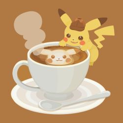 Rule 34 | brown background, brown hat, clothed pokemon, coffee, commentary, creatures (company), cup, deerstalker, detective pikachu, detective pikachu (character), game freak, gen 1 pokemon, happy, hat, latte art, nintendo, no humans, open mouth, pikachu, pokemon, pokemon (creature), rizu (rizunm), saucer, simple background, smile, solo, spoon, steam, teacup, twitter username