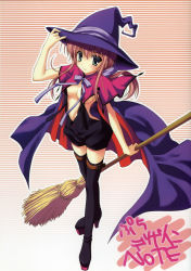 Rule 34 | 1girl, boots, breasts, broom, cape, green eyes, hat, highres, holding, long hair, medium breasts, nanao naru, original, overalls, red hair, solo, thigh boots, thighhighs, witch, witch hat