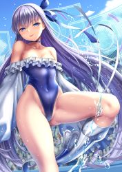 Rule 34 | 1girl, :p, armor, arms at sides, bare shoulders, blue eyes, blue one-piece swimsuit, blue ribbon, blurry, blush, boots, breasts, cameltoe, choker, cleavage, collarbone, day, depth of field, fate/grand order, fate (series), glowing, greaves, groin tendon, hair between eyes, half-closed eyes, high heel boots, high heels, hologram, kase daiki, leg up, legs apart, long hair, long sleeves, looking at viewer, meltryllis, meltryllis (fate), meltryllis (swimsuit lancer) (fate), meltryllis (swimsuit lancer) (second ascension) (fate), narrow waist, off-shoulder one-piece swimsuit, one-piece swimsuit, outdoors, purple hair, revision, ribbon, skin tight, sleeves past fingers, sleeves past wrists, smile, solo, splashing, standing, standing on one leg, strapless, strapless one-piece swimsuit, swimsuit, thighs, tongue, tongue out, very long hair, water drop, wide hips