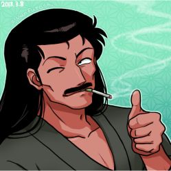 Rule 34 | 1boy, black hair, cigarette, facial hair, mustache, ranma 1/2, solo, tendou souun, thumbs up, wanta (futoshi)