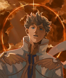 Rule 34 | 1boy, blue eyes, blue shirt, brown hair, cardinal (ragnarok online), chinese commentary, cloud, coat, commentary request, cross, cross necklace, dated commentary, expressionless, fake wings, golden wings, halo, halo behind head, jewelry, looking at viewer, male focus, medium bangs, necklace, open mouth, orange halo, orange sky, ragnarok online, shirt, short hair, sky, solo, teeth, upper body, upper teeth only, white coat, wings, z.i
