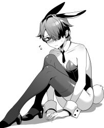 Rule 34 | 1boy, animal ears, bare shoulders, blush, chinese commentary, closed mouth, collarbone, commentary request, convenient arm, crossdressing, detached collar, eyelashes, fake animal ears, full body, greyscale, hair over one eye, hairband, high heels, highres, knees up, legs, leotard, long legs, looking at viewer, male focus, male playboy bunny, ming (5unri5e666), monochrome, necktie, parted bangs, rabbit ears, shadow, short hair, simple background, solo, strapless, strapless leotard, sweatdrop, thighhighs, thighs, trap, wrist cuffs