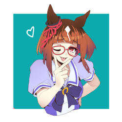Rule 34 | 1girl, animal ears, bow, bowtie, breasts, brown hair, cropped torso, ear ornament, glasses, hand on own hip, hand up, heart, horse ears, looking at viewer, one eye closed, open mouth, purple shirt, red eyes, sailor collar, shirt, short hair, short sleeves, sinnra art, small breasts, solo, tongue, tongue out, transcend (umamusume), umamusume, upper body, v over mouth
