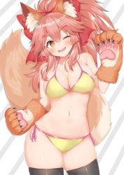 Rule 34 | 1girl, absurdres, alternate costume, animal ear fluff, animal ears, animal hands, bare shoulders, bikini, black thighhighs, blush, breasts, cat paws, cleavage, collarbone, commentary request, contrapposto, cowboy shot, fangs, fate/grand order, fate (series), fox ears, fox tail, gloves, hair between eyes, hair over shoulder, hair ribbon, halterneck, high ponytail, highres, large breasts, looking at viewer, messy hair, midriff, navel, one eye closed, open mouth, paw gloves, pink hair, ribbon, rokita, sidelocks, solo, standing, stomach, swimsuit, tail, tamamo (fate), tamamo cat (fate), thick eyebrows, thighhighs, thighs, yellow bikini