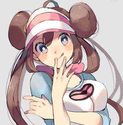 Rule 34 | 1girl, artist name, bad id, bad pixiv id, blue eyes, blue shirt, blush, breasts, brown hair, closed mouth, creatures (company), double bun, female focus, game freak, grey background, hair bun, hair tie, hands up, happy, hat, licking lips, long hair, looking at viewer, medium breasts, nintendo, pink hat, poke ball symbol, poke ball theme, pokemon, pokemon bw2, ririmon, rosa (pokemon), shirt, signature, simple background, smile, solo, tongue, tongue out, twintails, twitter username, upper body, visor cap