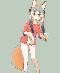 Rule 34 | 1girl, animal ear fluff, animal ears, bare legs, black hair, brown eyes, commentary request, cup, drinking glass, feet out of frame, fox ears, fox girl, fox tail, grey background, grey hair, hair between eyes, hasu (zatsugami), highres, island fox (kemono friends), kemono friends, kemono friends v project, looking at viewer, multicolored hair, no pants, open mouth, orange hair, red shirt, shirt, simple background, sketch, solo, tail, twintails, virtual youtuber, white hair