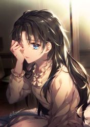 Rule 34 | 1girl, arm up, bad id, bad pixiv id, bed sheet, black hair, blue eyes, blurry, blurry background, chair, closed mouth, commentary request, depth of field, fate/stay night, fate (series), h sueun, hair between eyes, hair down, highres, indoors, long hair, long sleeves, looking at viewer, messy hair, one eye closed, pajamas, puffy long sleeves, puffy sleeves, rubbing eyes, sitting, solo, tohsaka rin, twitter username, very long hair