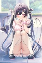 Rule 34 | 1girl, :q, ayuma sayu, black footwear, black hair, blue hair, blurry, blurry background, blush, bow, collar, commentary request, dress, earrings, frilled dress, frills, hair between eyes, hair bow, hair ornament, hair ribbon, hairclip, hand on own face, highres, jewelry, knees together feet apart, long hair, multicolored hair, original, panties, panty pull, pantyshot, pink collar, red eyes, ribbon, ring, scrunchie, short sleeves, sidelocks, solo, squatting, tail, thighhighs, thighs, tongue, tongue out, twintails, two-tone hair, underwear, very long hair, white panties, white thighhighs, wrist scrunchie