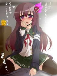Rule 34 | 10s, 1girl, balding, black thighhighs, blanket, blush, brown hair, clothes writing, comic, commentary request, crazy, crazy smile, expressive clothes, glasses, goma (gomasamune), hair ornament, hand on own cheek, hand on own face, heart, highres, jacket, kantai collection, kisaragi (kancolle), long hair, long sleeves, looking at viewer, neckerchief, old, old man, open mouth, pleated skirt, red eyes, remodel (kantai collection), school uniform, serafuku, skirt, sleeping, smile, spoken heart, statue, straddling, thighhighs, translation request, yu-gi-oh!, zettai ryouiki, zzz