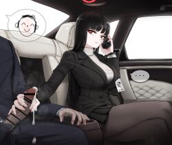 Rule 34 | 1boy, 1girl, absurdres, bar censor, black hair, black jacket, black pantyhose, black skirt, blue archive, blunt bangs, breasts, car interior, cellphone, censored, crossed legs, cum, doodle sensei (blue archive), ejaculation, formal, handjob, hetero, highres, holding, holding phone, jacket, large breasts, long hair, long sleeves, looking at another, mildt, miniskirt, motion lines, office lady, pantyhose, parted lips, penis, penis out, phone, pleated skirt, red eyes, rio (blue archive), sensei (blue archive), sitting, skirt, smartphone, steaming body, suit, sweater, very long hair, white sweater